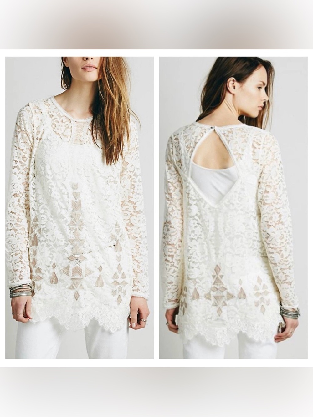 Free People White Embroidered Lace Long Sleeve